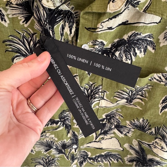 NWT Tahari 100% Linen Green Tropical Palm Printed Button Up Top Large - Picture 3 of 5